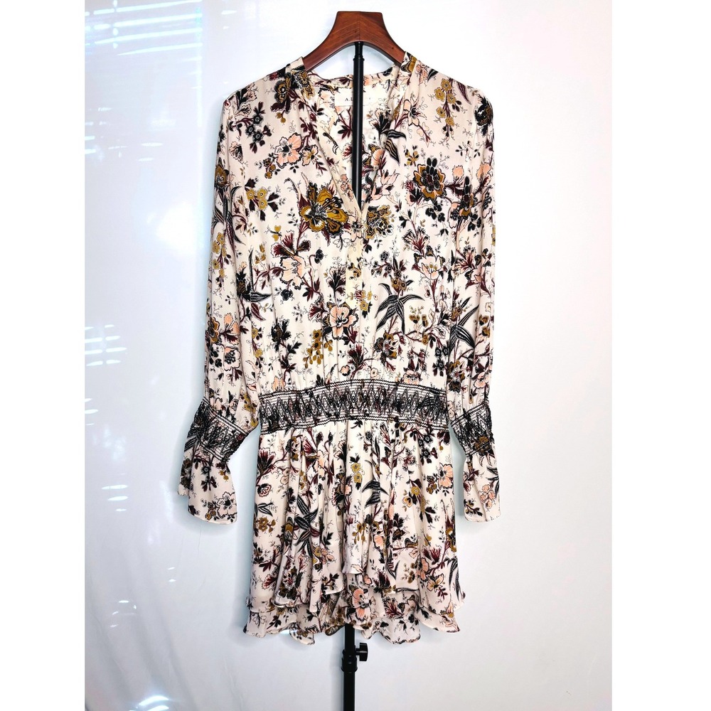 A.L.C. | Silk Floral Smocked Waist Mini Dress Cream Burgundy Gold | Size 8 - Picture 3 of 6